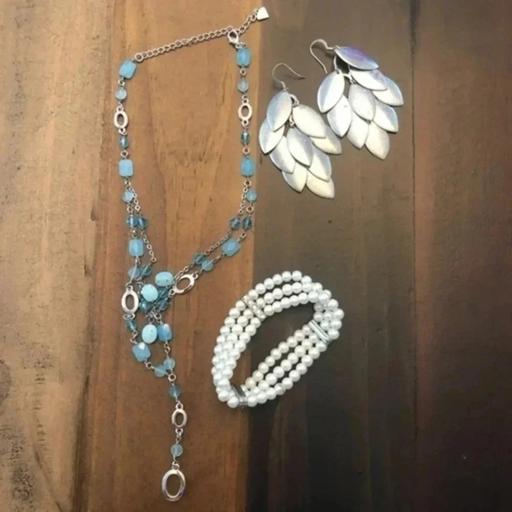 3 Piece Bundle Blue Necklace Statement Earrings Pearl Bracelet Silver Tone